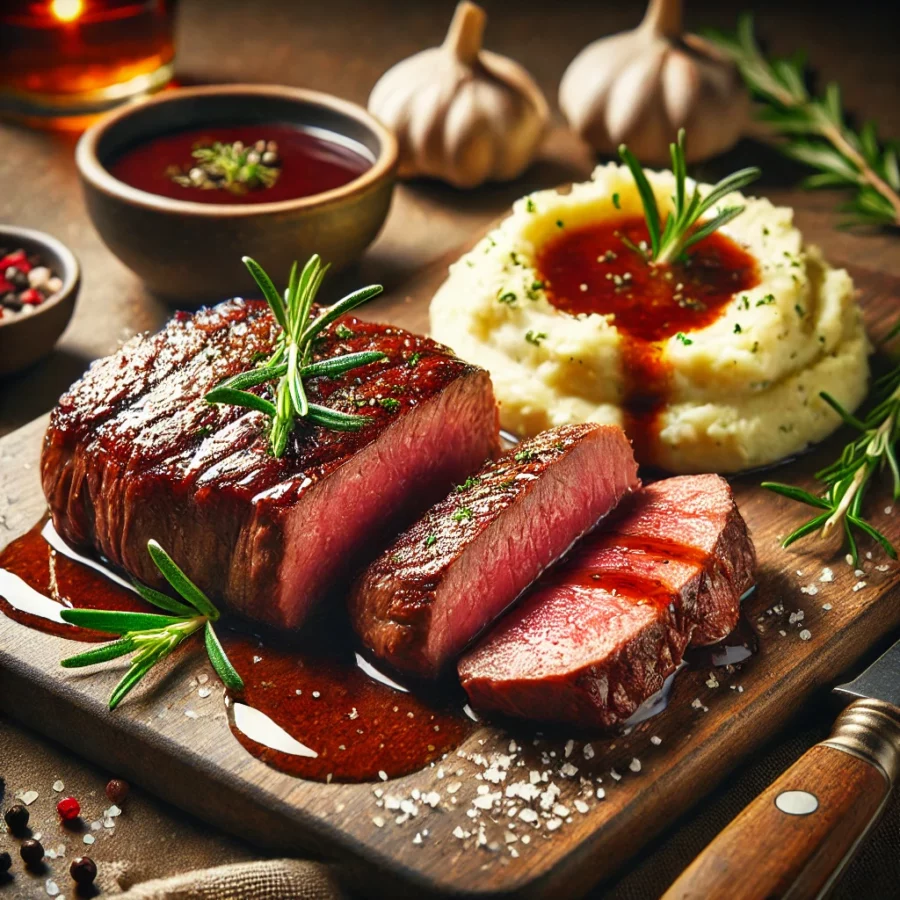 Picanha en Sous Vide con Reducción de Vino Tinto y Puré de Ajo Asado