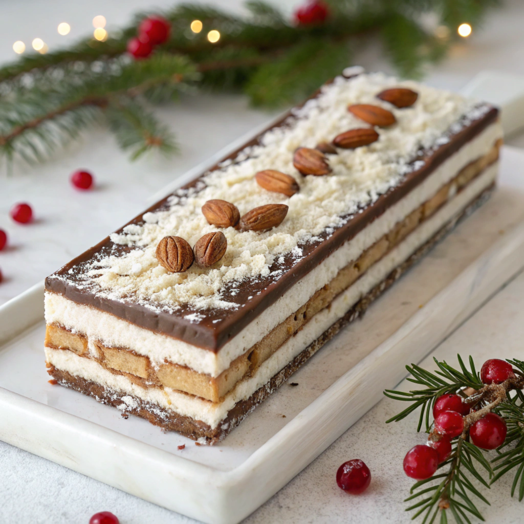 Postre navideño de capas de turrón, incluyendo chocolate oscuro, Jijona, chocolate blanco y coco, presentado en un molde rectangular, decorado con ramas de pino y bayas rojas.