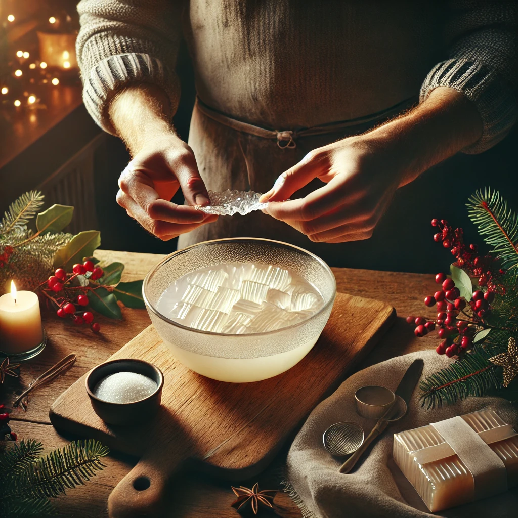 "Disolviendo hojas de gelatina en un cuenco con agua, mientras prepara una receta navideña en una cocina decorada para las fiestas."