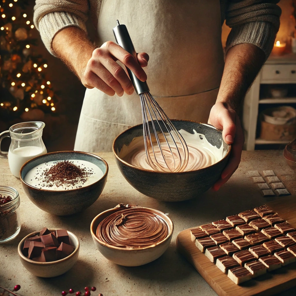 "Manos de un hombre mezclando una de las preparaciones de turrón con un batidor en un cuenco, rodeado de otros cuencos con mezclas de turrón, en una cocina decorada para Navidad."